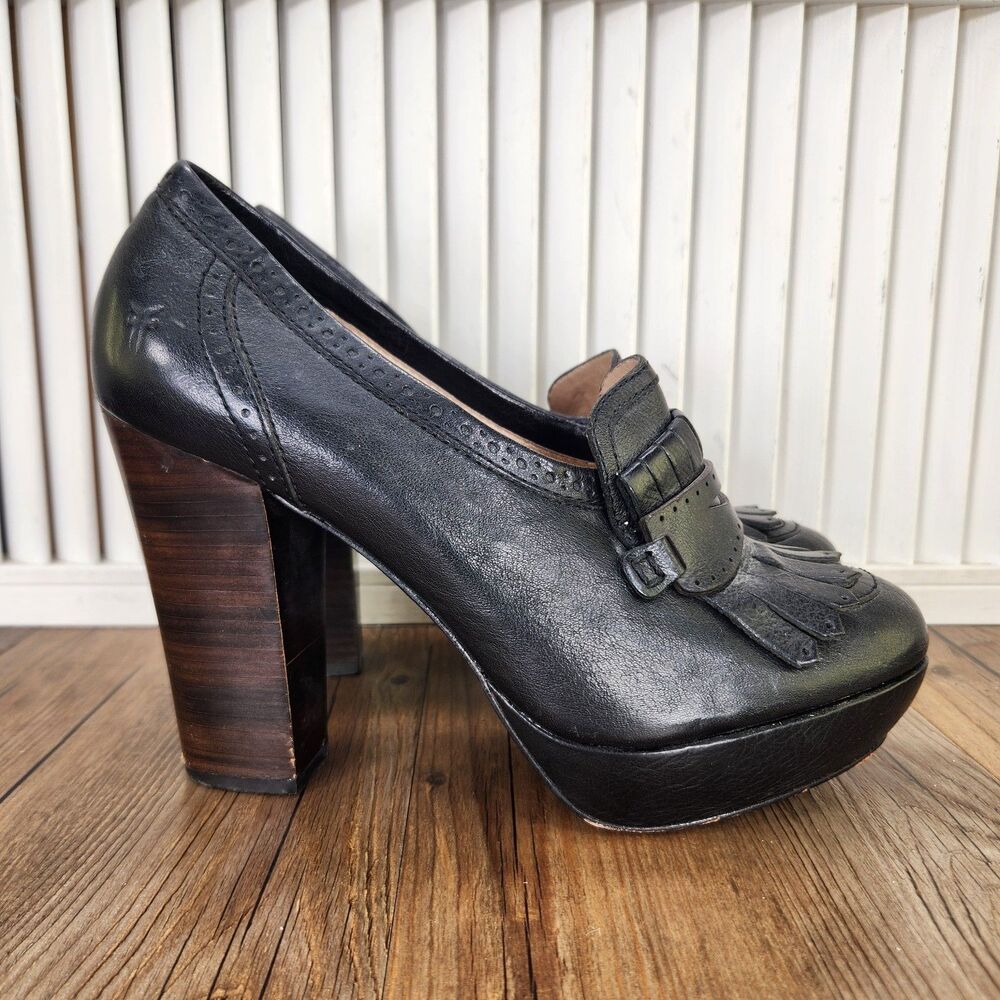 Frye Naiya Kiltie Moc Platform Pumps Womens 9.5M Black Chunky Stacked Heel Shoes